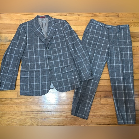 Isaia Plaid Cashmere Wool Grey Suit Windowpane Size 50 Drop 8R Base Marechiaro - Picture 2 of 12